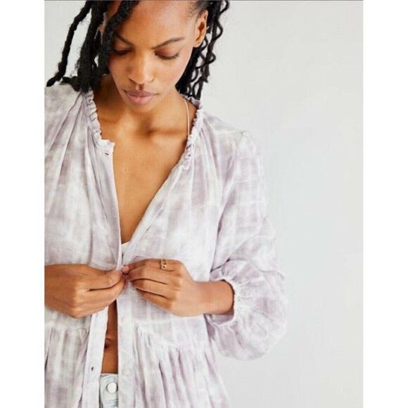 NEW FREE PEOPLE Sz S WASHED EDIE DRESS BUTTON FRONT MAXI TOP DUSTER DUST FOG - Picture 3 of 5